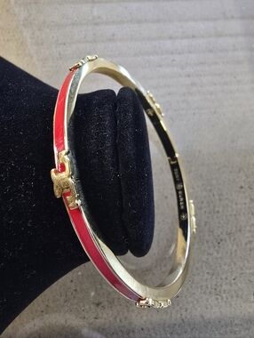 TORY BURCH Gold-Tone Pink Enamel Hinged Bangle Bracelet